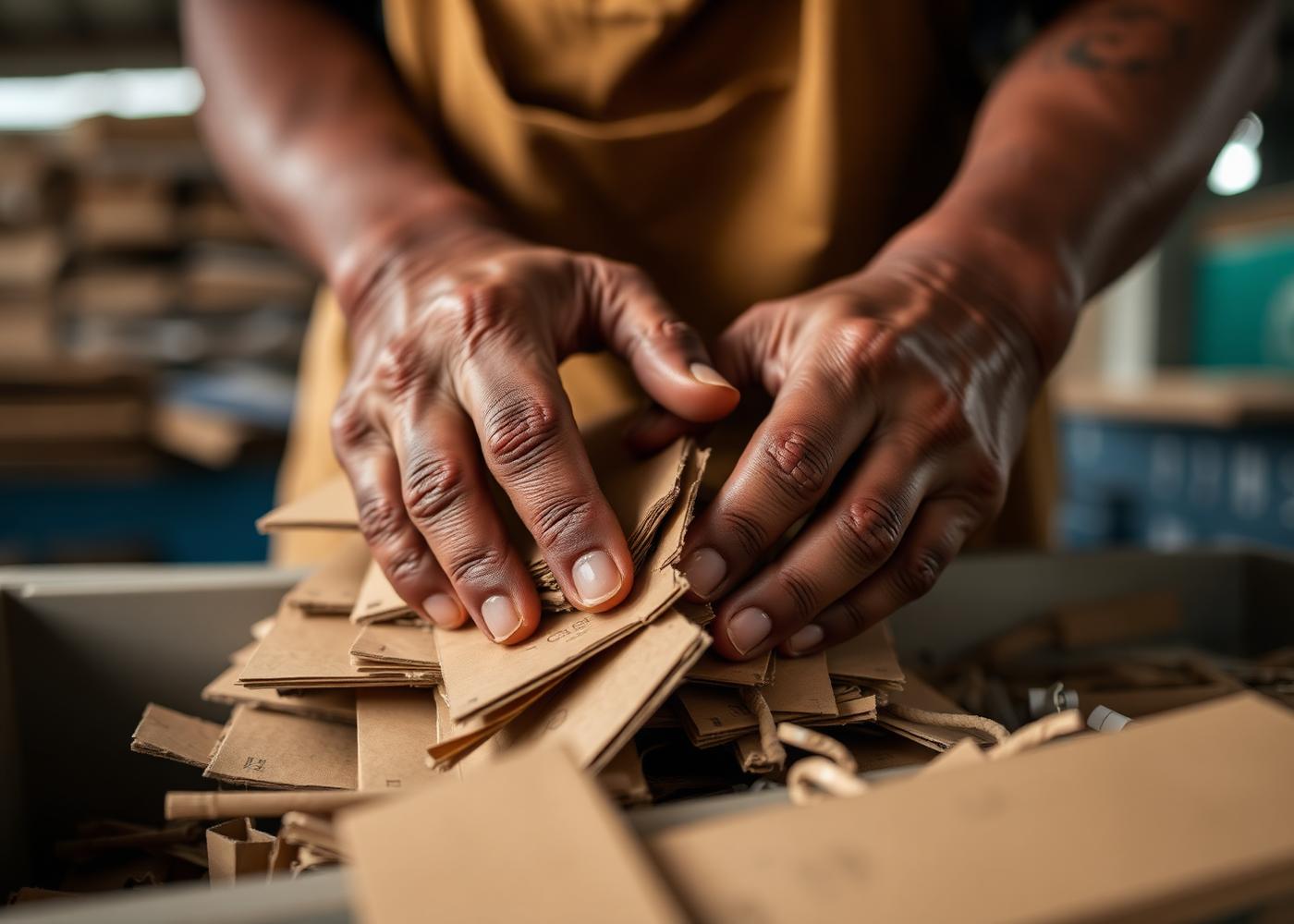 Mãos de catador organizando papelão